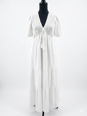 Taylor White Maxi Dress with Tassel Tie and Puff Sleeves